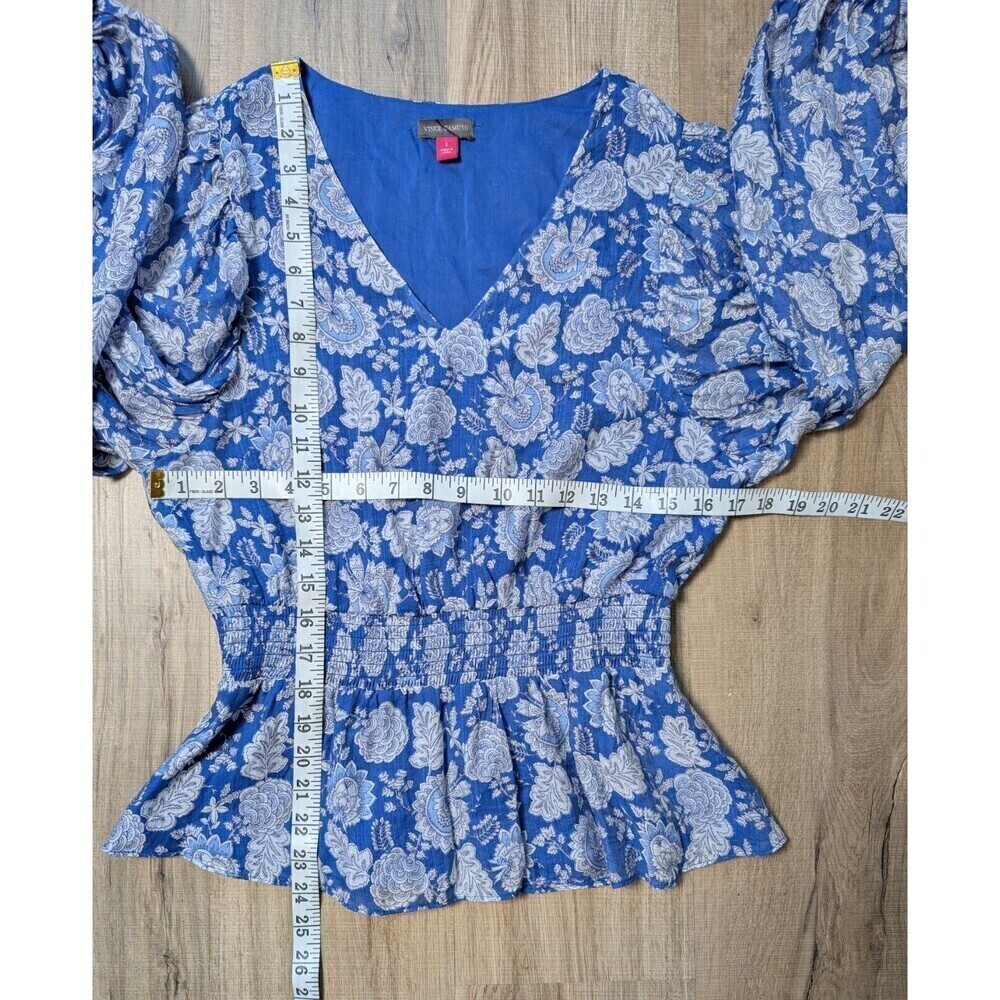 Vince Camuto V-Neck Peplum Top Blue and White Floral Blouse Top Size Small - Picture 13 of 15